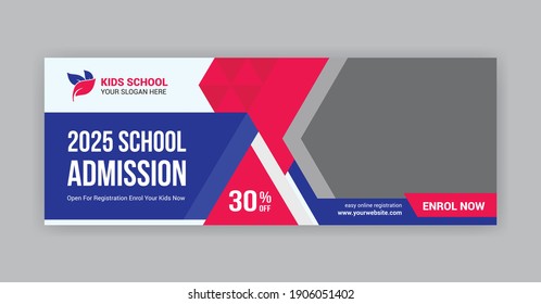 Kids school admission social media cover photo timeline design for your school advertisement. Red and blue school admission social media cover photo.