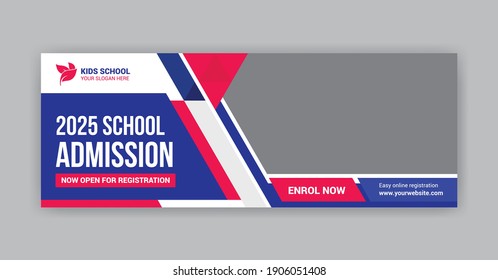 Kids school admission social media cover photo timeline design for your school advertisement. Red and blue school admission social media cover photo.