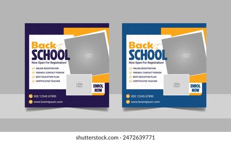 Kids school admission social media post and back to school web banner higher education square flyer study abroad poster template