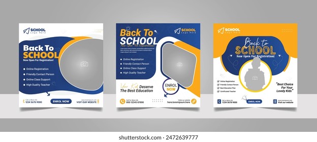 Kids school admission social media post and back to school web banner higher education square flyer study abroad poster template