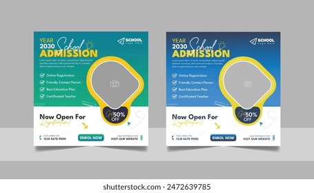 Kids school admission social media post and back to school web banner higher education square flyer study abroad poster template