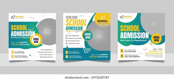 Kids school admission social media post and back to school web banner higher education square flyer study abroad poster template