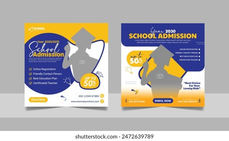 Kids school admission social media post and back to school web banner higher education square flyer study abroad poster template
