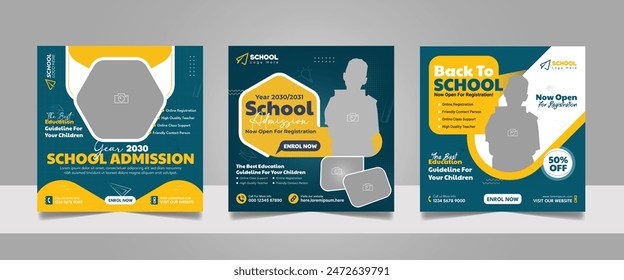 Kids school admission social media post and back to school web banner higher education square flyer study abroad poster template