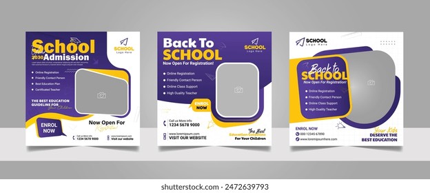 Kids school admission social media post and back to school web banner higher education square flyer study abroad poster template