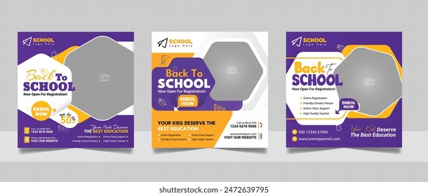 Kids school admission social media post and back to school web banner higher education square flyer study abroad poster template