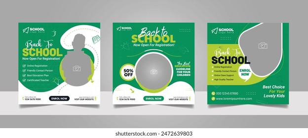 Kids school admission social media post and back to school web banner higher education square flyer study abroad poster template