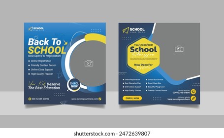 Kids school admission social media post and back to school web banner higher education square flyer study abroad poster template