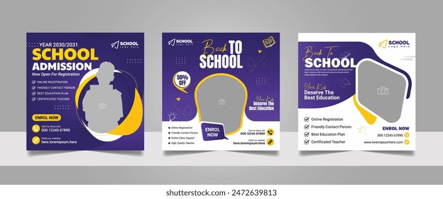 Kids school admission social media post and back to school web banner higher education square flyer study abroad poster template