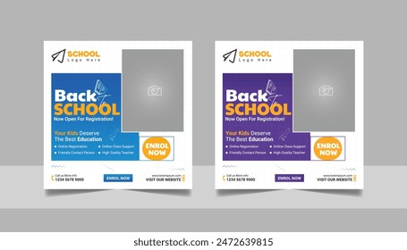 Admisión a la escuela para niños publicación en las redes sociales y regreso a la escuela Web Anuncio educación superior flyer estudio en el extranjero afiche Plantilla