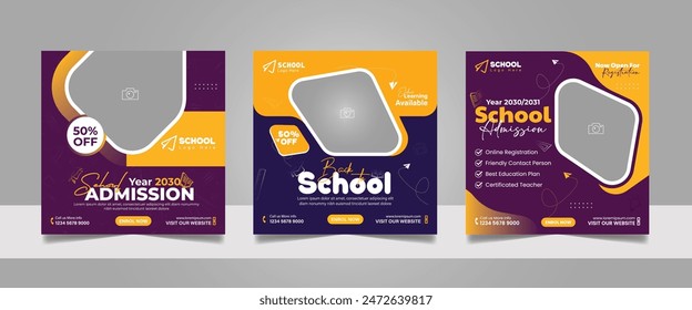 Kids school admission social media post and back to school web banner higher education square flyer study abroad poster template