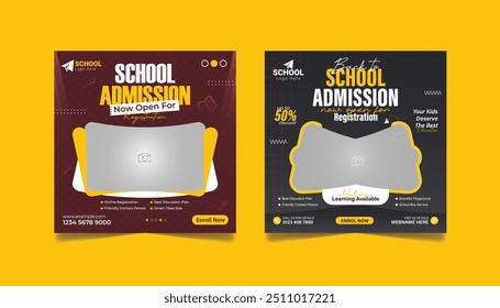 Kids school admission social media post and back to school web banner higher education square flyer study abroad poster template