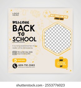 Kids school admission social media post and back to school web banner higher education square flyer study abroad poster template