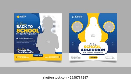 Kids school admission social media post and back to school web banner higher education square flyer study abroad poster template