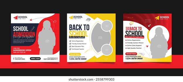 Kids school admission social media post and back to school web banner higher education square flyer study abroad poster template