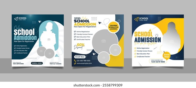 Kids school admission social media post and back to school web banner higher education square flyer study abroad poster template