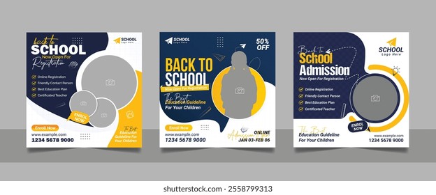 Kids school admission social media post and back to school web banner higher education square flyer study abroad poster template