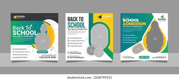 Kids school admission social media post and back to school web banner higher education square flyer study abroad poster template