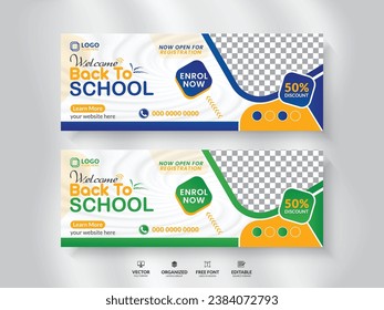 Kids school admission web banner and social media cover page design template.