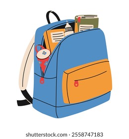 Kids school backpack with education supplies. Pencil case, books, marker, proofreader. Hand drawn vector illustration.