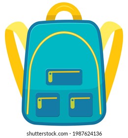 Сolored kids school backpack in flat style.  Education, study back to school, rucksack. Isolated on white background.
Vector illustration.