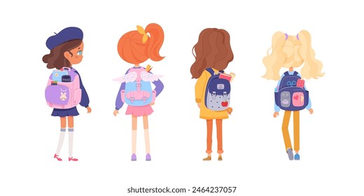 Kids with school backpacks back view vector set. Girls friends going to kindergarten with bag pack. Cartoon smart students characters isolated on white background. Back to school, education concept.