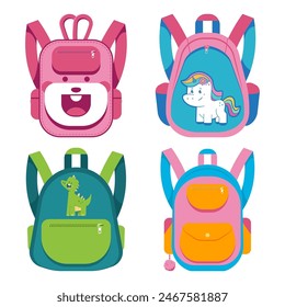Kids school backpacks vector cartoon set isolated on a white background.