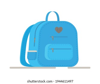 Kids school bag backpack with education equipment. Vector illustration of an isolated blue school backpack. 
