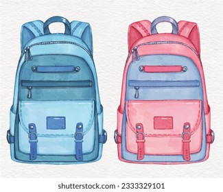 Kids school bag backpack for girl and boy. Basic urban bag watercolor illustration for education and back to school concept