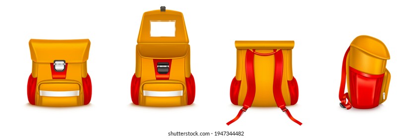 Kids School Bag, Backpack Or Rucksack With Webbing, Orange And Red Colors Knapsack Different Angle View. Student Backpack Or Schoolbag Isolated On White Background, Realistic 3d Vector Icons Set