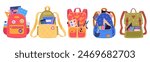 Kids school bags. Childish school backpacks with books and school supplies, students backpacks flat vector illustration set. Cartoon various school bags collection