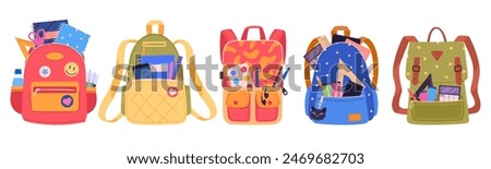 Kids school bags. Childish school backpacks with books and school supplies, students backpacks flat vector illustration set. Cartoon various school bags collection