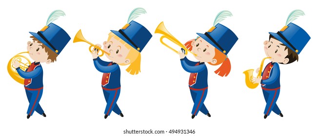 Kids in school band wearing blue uniform illustration