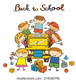 Kids and School Bus, Drawing Style, Kindergarten, Preschool, Education, Learning and Study Concept