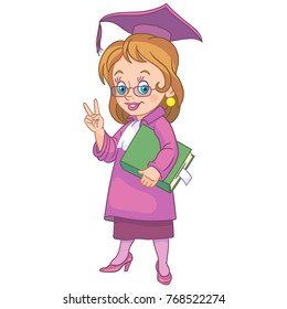 Kids in School. Cartoon girl on graduation ceremony showing victory hand sign. Design for children's coloring book.