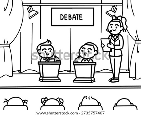 Kids school debate competition on stage with moderator and audience line art