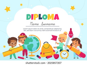 Kids school diploma. Children graduation kindergarten certificate, fun color design, preschool students with learning tools. Bright colorful design. Template with copy space vector concept