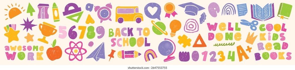 Kids school doodle abstract shapes, hand drawn education colorful design object, naive childish icon. Colorful crayon letters, numbers, encouraging quote, kindergarten scribble. School doodle sticker