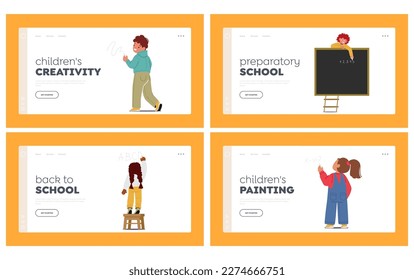 Kids School Education Landing Page Template Set. Children Stand In Front Of Blackboard, Writing With Chalk. Childhood And Process Of Learning, Back-to-school, Preschool. Cartoon Vector Illustration