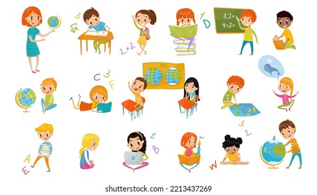 Kids at School Lesson Studying and Learning with Book, Globe and Chalkboard Big Vector Set