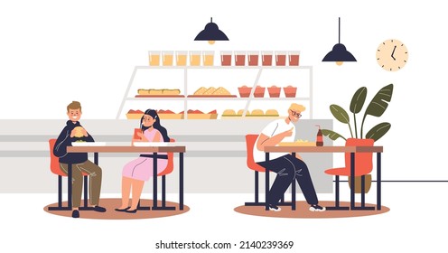 Kids In School Lunchroom Sitting At Tables Eating Lunch In Canteen Space Between Classes. Group Of Teen Pupils Have Breakfast In Dining Room. Cartoon Flat Vector Illustration