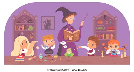 Kids in school of magic at class with professor. Boys and girls with wands in classroom vector illustration. Teacher in hat with book teaching magic. Fantasy world.