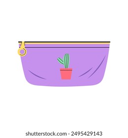 Kids school pencil case for pencils and pens with cactus. Purple cosmetic bag, textile organiser for storage. Illustration in flat style on a white background.