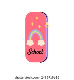 Kids school pencil case for pencils and pens. 
Pink school organizer with rainbow print and inscription. Illustration in flat style on a white background.