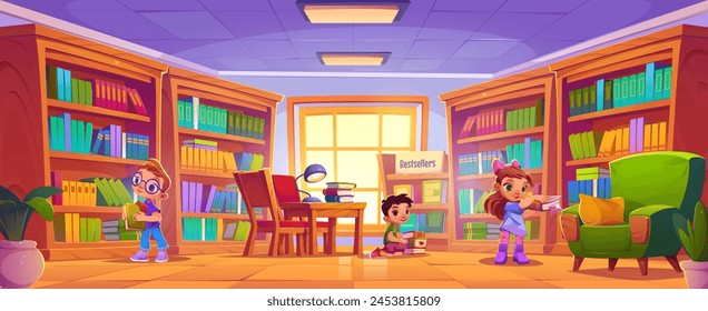 Niños en la Biblioteca pública de la escuela. Interior de la sala de educación de Vector de dibujos animados con Grandes gabinetes con estanterías llenas de literatura con tapa dura, mesa con lámpara y silla, sillón y niños de lectura.