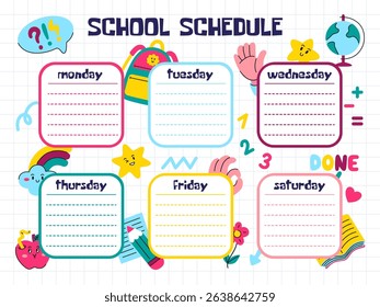 Kids school schedule. Daily planner for learning, stylish design with funny stickers. Page for notes and notifications. Neoteric vector modern template