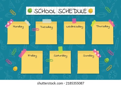 Kids school schedule. Daily study plan on timetable. Childish note stickers. Classroom calendar and text exercises. Diary reminder design. Week lessons planner. Vector poster template