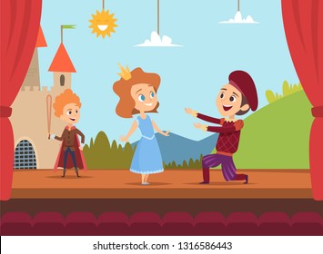 Kids at school stage. Children actors making big performance at scene dramatic scenery vector illustrations