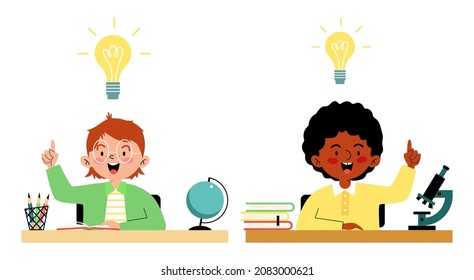 Niños estudiantes escolares con una solución o idea brillante, ilustración vectorial de dibujos planos aislados en fondo blanco. Niños inteligentes y buenos alumnos personajes.