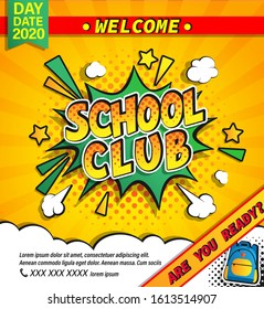 Kids school summer camp banner.Fest activities and sport competitions in summer holidays.Great vintage template design in retro pop art style for flyers,greetings, congratulations.Vector illustration.